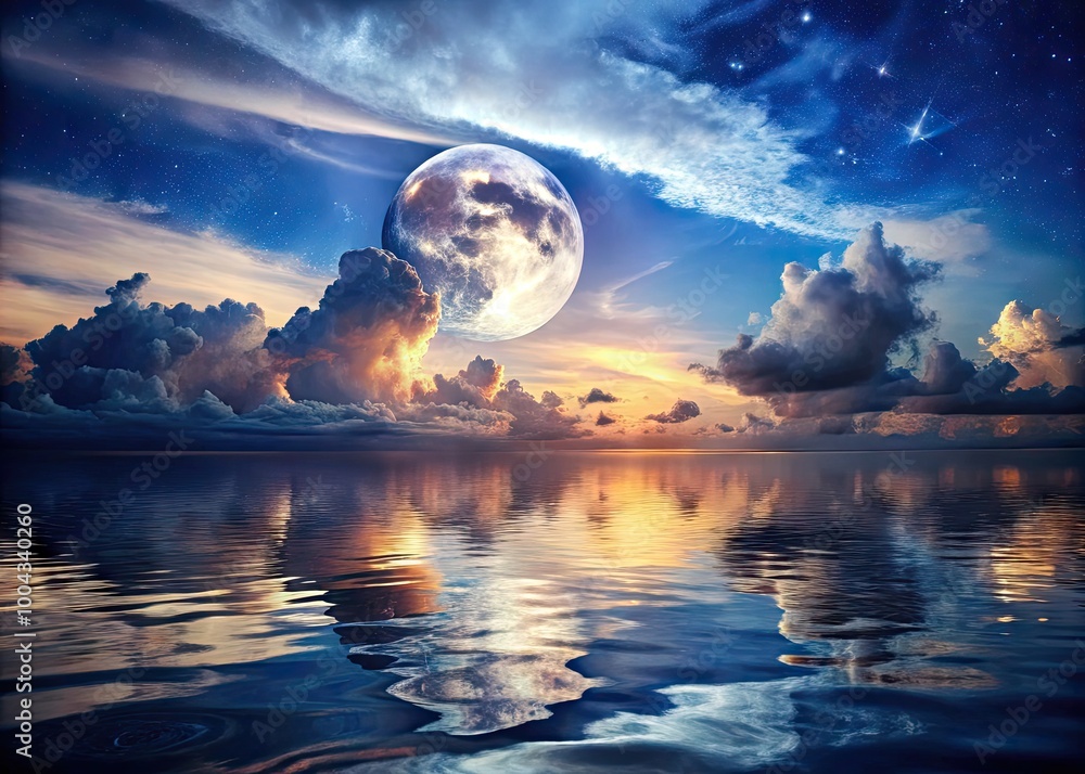 Serene Night Sky with Moon and Clouds Reflecting on Calm Sea Water - Tranquil Nature Scene