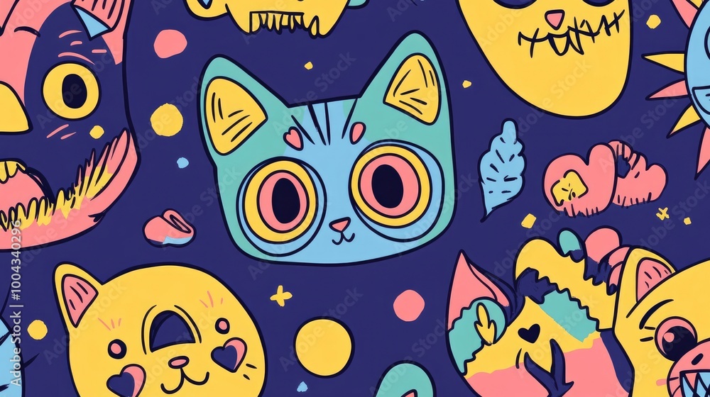 Naklejka premium Cute Cats, Dogs, and Skulls Doodle Pattern Design for Creative Projects