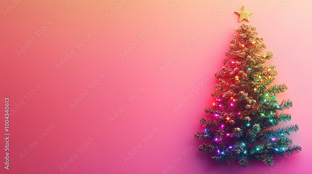Rainbow Christmas Tree: A whimsical Christmas tree adorned with colorful lights stands against a vibrant pink background. The tree is a symbol of joy and celebration. Rainbow Christmas Tree: A whimsical Christmas tree adorned with colorful lights stands against a vibrant pink background. The tree is a symbol of joy and celebration.