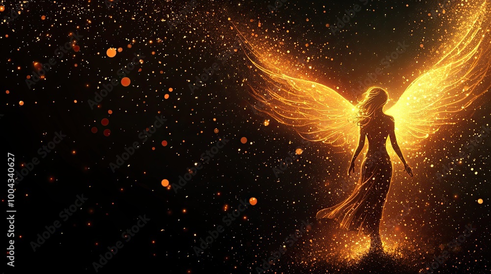 Obraz premium Fiery Angel Wings: A woman with radiant, fiery wings stands against a dark, starry backdrop. The image evokes themes of power, freedom, and spiritual awakening.