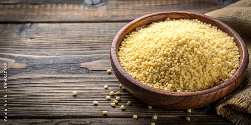 Close up top view of couscous in wooden bowl on rustic background for food photography or recipe content Close up top view of couscous in wooden bowl on rustic background for food photography or recipe content