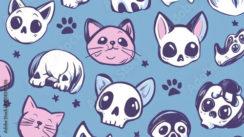 Cute Cats, Dogs, and Skulls Doodle Pattern Design for Creative Projects