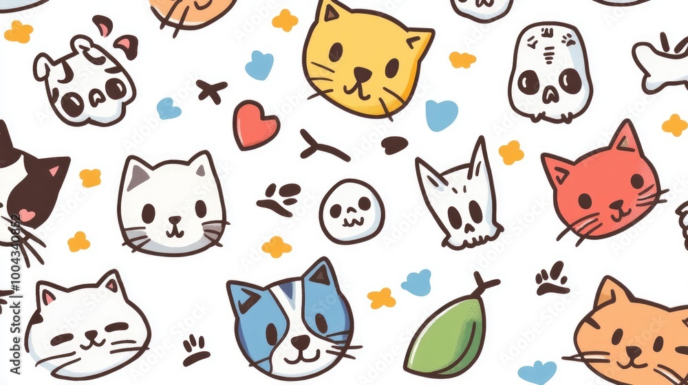 Obraz premium Cute Cats, Dogs, and Skulls Doodle Pattern Design for Creative Projects