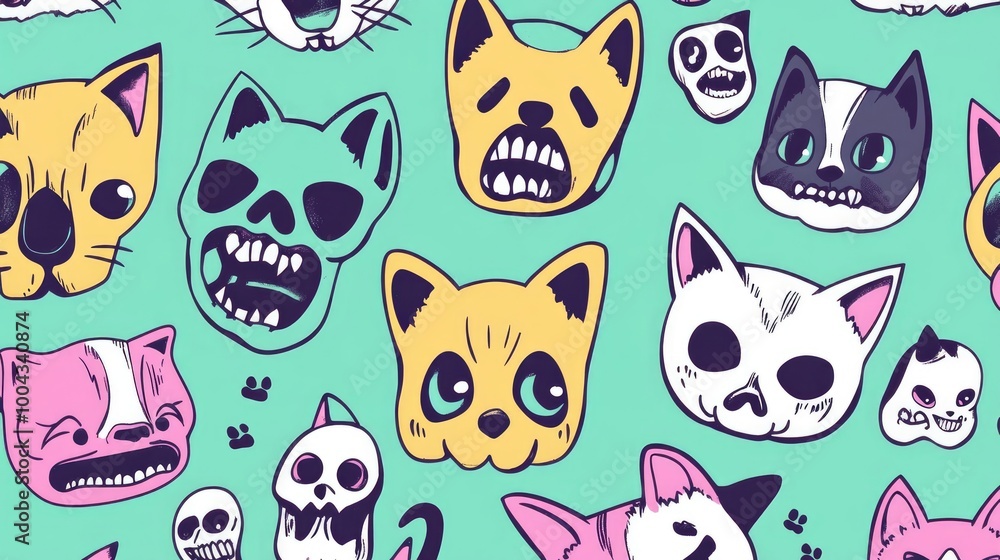 Cute Cats, Dogs, and Skulls Doodle Pattern Design for Creative Projects Cute Cats, Dogs, and Skulls Doodle Pattern Design for Creative Projects