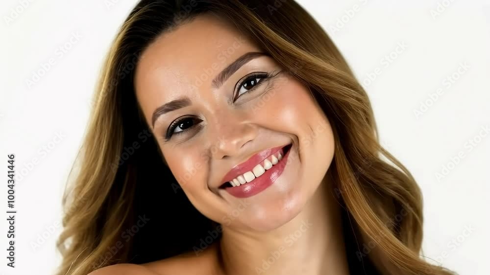 Beautiful young woman is smiling and posing on a white background. She has long brown hair and is wearing natural makeup Beautiful young woman is smiling and posing on a white background. She has long brown hair and is wearing natural makeup