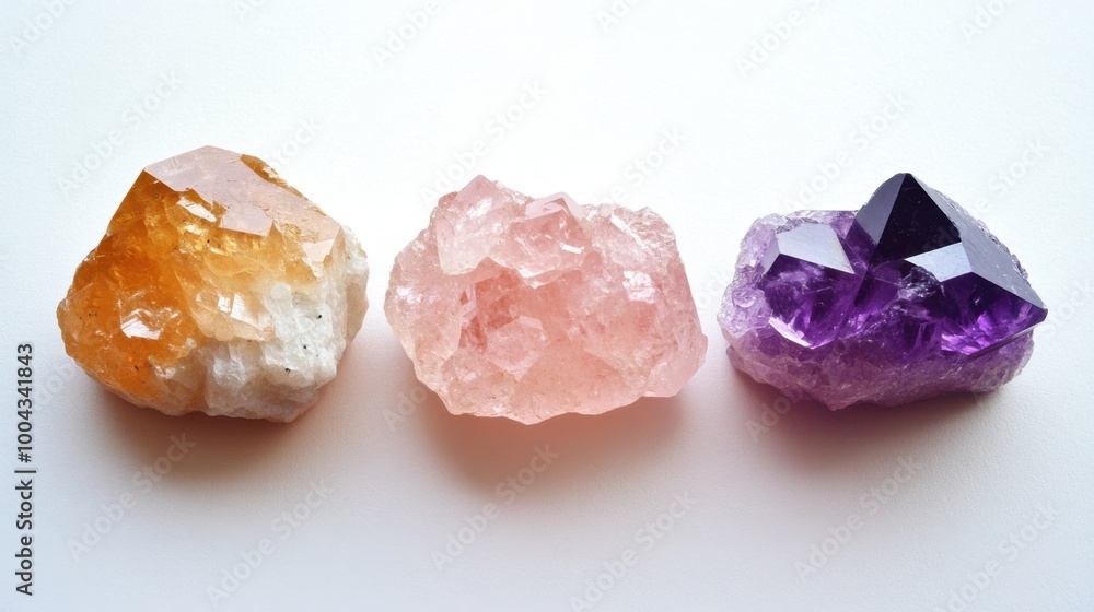 Detailed macro of raw crystals--citrine, rose quartz, and amethyst--on a white surface, highlighting their natural beauty and healing properties Detailed macro of raw crystals--citrine, rose quartz, and amethyst--on a white surface, highlighting their natural beauty and healing properties