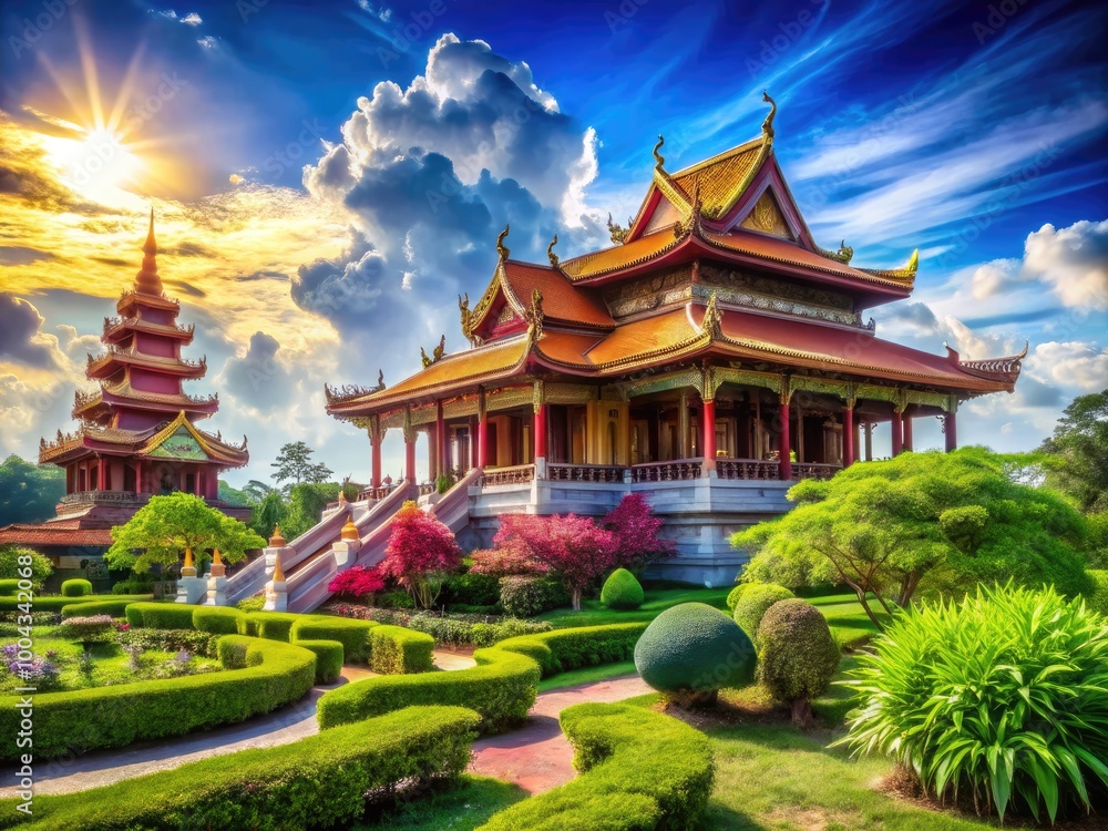 Naklejka premium Serene Temple Landscape with Lush Greenery and Majestic Architecture Under Bright Blue Sky