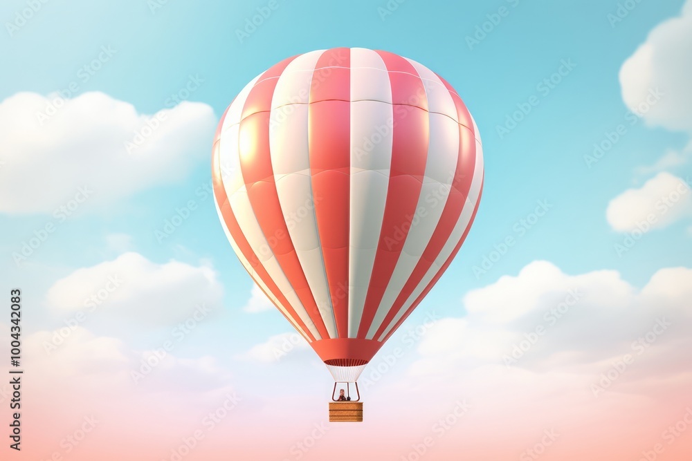 Fototapeta premium Hot air balloon illustration. Red and white colors. Stripped balloon pattern. Balloon festival. Balloon isolated on sky background. Man in air balloon bag.