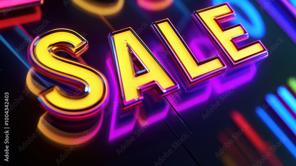 Bright and vibrant close up of 3D SALE text, illuminated with neon hues, creating eye catching and dynamic visual effect that draws attention Bright and vibrant close up of 3D SALE text, illuminated with neon hues, creating eye catching and dynamic visual effect that draws attention