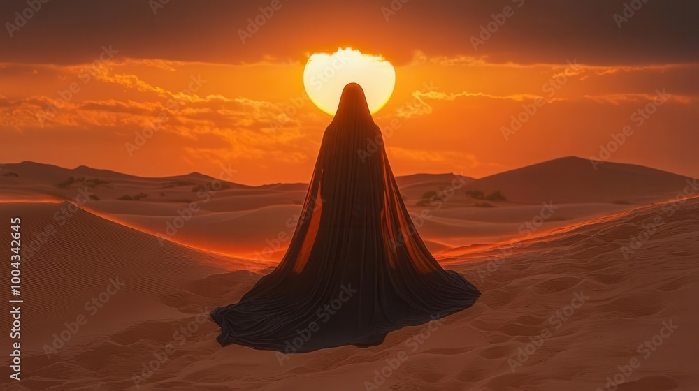 the silhouette of a mysterious woman in flowing robes wanders through golden sand dunes with an ethereal sunset casting a mystical glow over the desert landscape the silhouette of a mysterious woman in flowing robes wanders through golden sand dunes with an ethereal sunset casting a mystical glow over the desert landscape