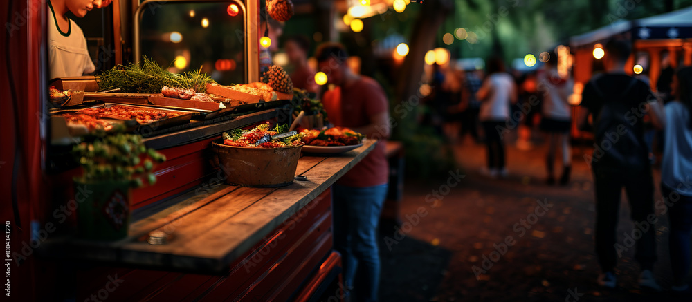 ood truck festival with people and colorful food stands, blurred background, bokeh effect, ood truck festival with people and colorful food stands, blurred background, bokeh effect,