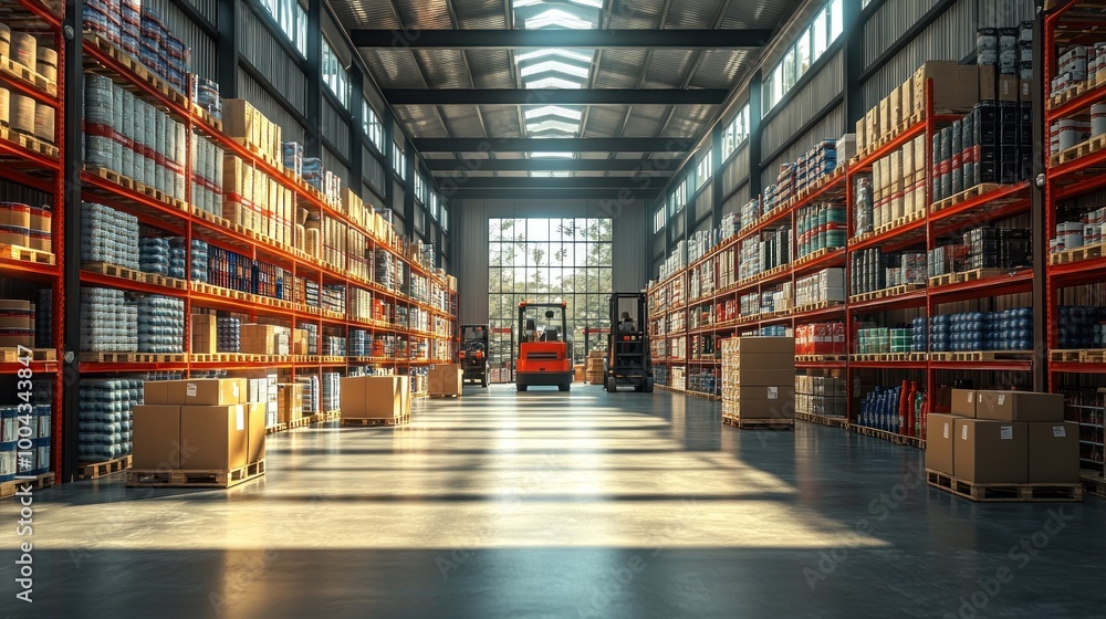 A spacious warehouse with shelves, boxes, and a forklift. A spacious warehouse with shelves, boxes, and a forklift.