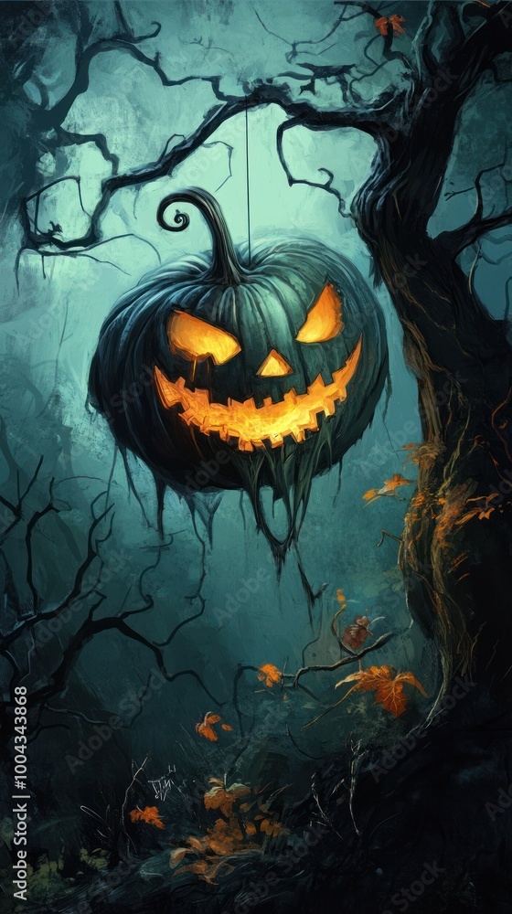 Hanging pumpkin with twisted grin in dark forest. Hanging pumpkin with twisted grin in dark forest.