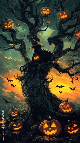 Spooky tree with a witch hat and pumpkin faces. photo