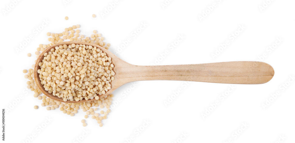 Raw couscous in wooden spoon isolated on white, top view Raw couscous in wooden spoon isolated on white, top view