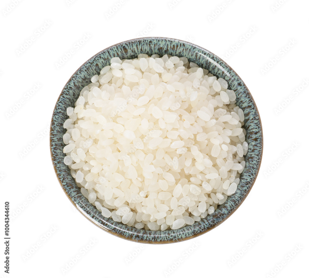 Raw rice in bowl isolated on white, top view Raw rice in bowl isolated on white, top view