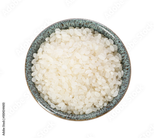 Raw rice in bowl isolated on white, top view