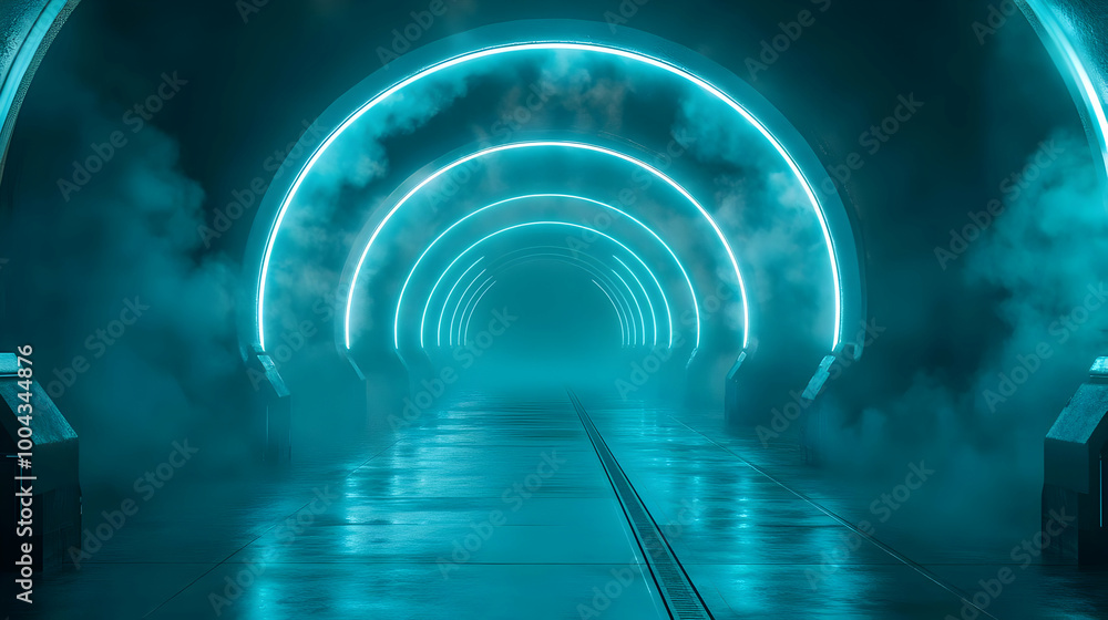 Abstract 3D Tunnel with Neon Blue Lights and Fog Abstract 3D Tunnel with Neon Blue Lights and Fog