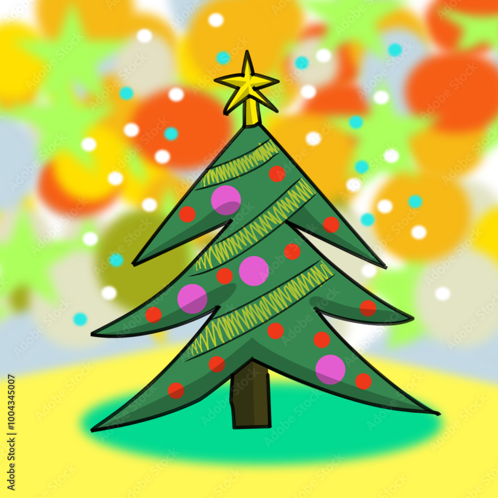 Vector hand drawn illustration of Christmas tree with decorations on blurred background. Christmas, holidays, Christmas tree, decoration, abstract, hand drawing, blurred background, colorful. Vector hand drawn illustration of Christmas tree with decorations on blurred background. Christmas, holidays, Christmas tree, decoration, abstract, hand drawing, blurred background, colorful.