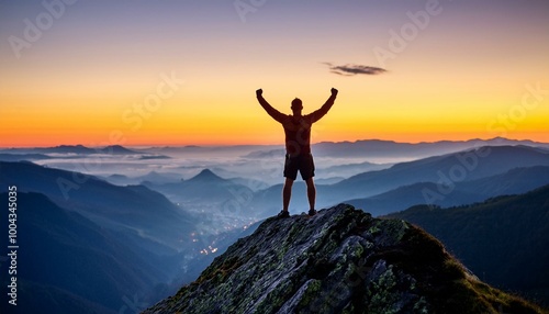 A person standing triumphantly on the edge of a mountain peak, arms raised in victory. The background features a breathtaking sunrise, casting a golden light over the mountains and valleys below, repr