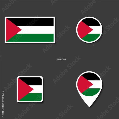 Palestine flag icon set in different shape (rectangle, circle, square and marker icon) on dark grey background. Palestine sticker icon collection on barely dark background.	