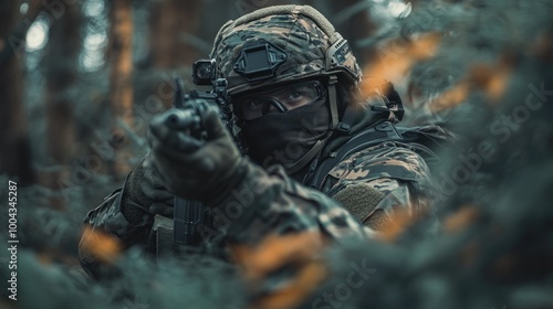 A soldier in tactical gear aims a weapon in a forest setting, showcasing military readiness.