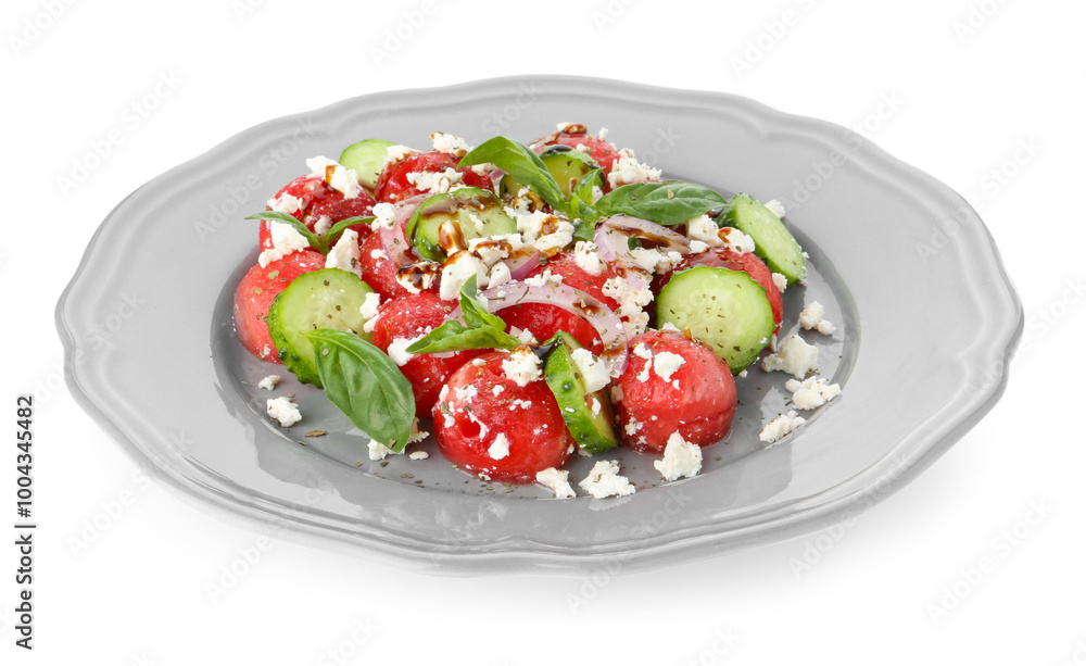 Delicious watermelon salad with feta cheese, vegetables and spices isolated on white Delicious watermelon salad with feta cheese, vegetables and spices isolated on white