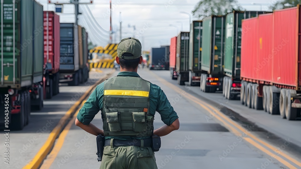 Naklejka premium Customs Officer Blocking Trucks at Border Checkpoint,Global Commerce Obstacle