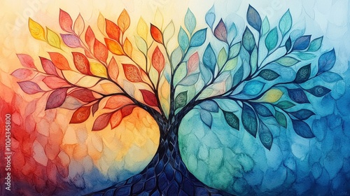 Abstract Watercolor Tree with Multifaceted Branches