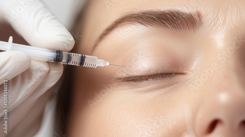 Close-up of a beautician performing a glabella injection for a youthful rejuvenation treatment on a serene young woman’s face. photo