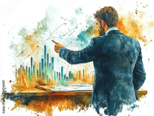 Business Advisor Presenting Charts in Watercolor Style