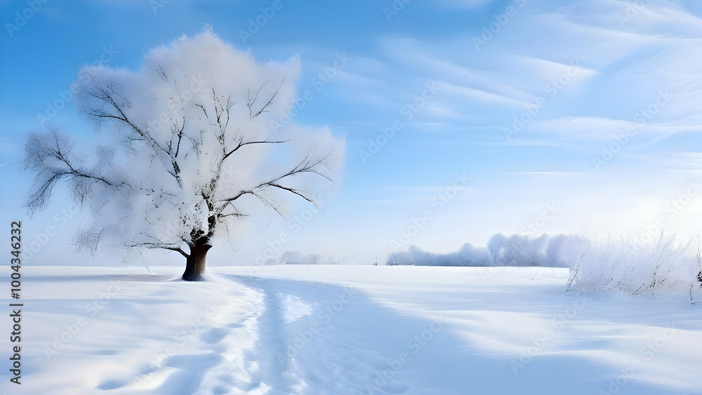 A serene winter landscape with soft, untouched snow covering the ground, bare trees in the background, and a pale blue sky, no people or objects. A serene winter landscape with soft, untouched snow covering the ground, bare trees in the background, and a pale blue sky, no people or objects.