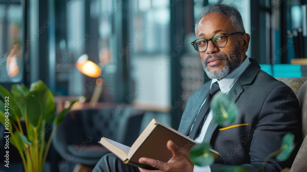 Businessman Reading Book in Modern Office Setting Businessman Reading Book in Modern Office Setting