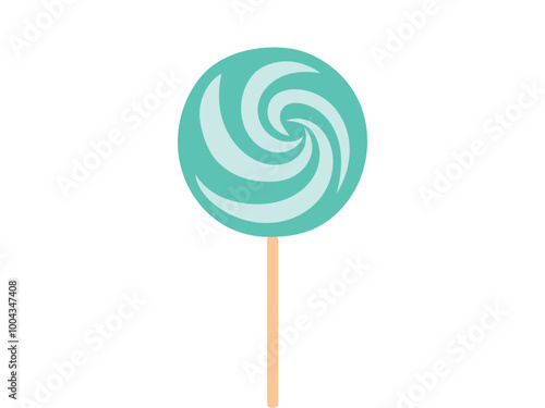 Green Spiral Lollipop on a stick Isolated on White Background. Concept of Sweet Candy, Spiral Design, Confectionery Illustration. Print, Icon, Design Element, candy shop