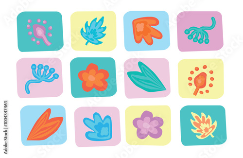 Colorful floral icons set isolated on a white background in bright Memphis style. Concept of vibrant flowers, modern design elements, botanical motifs, and nature illustrations. Suitable as stickers