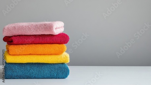 Beautiful Colorful Stack of Towels on White Table with Grey Background