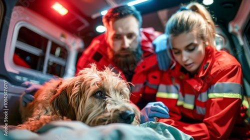 Fototapeta Naklejka Na Ścianę i Meble -  Emergency Care Team Assisting Injured Dog in Vehicle