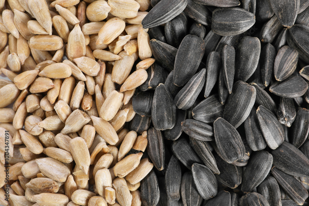 Different sunflower seeds as background, top view Different sunflower seeds as background, top view