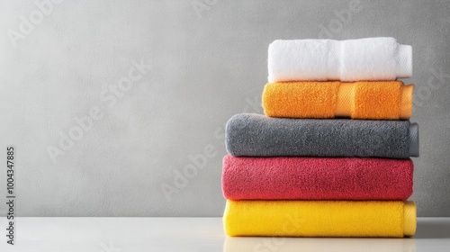 Beautiful Colorful Stack of Towels on White Table with Grey Background