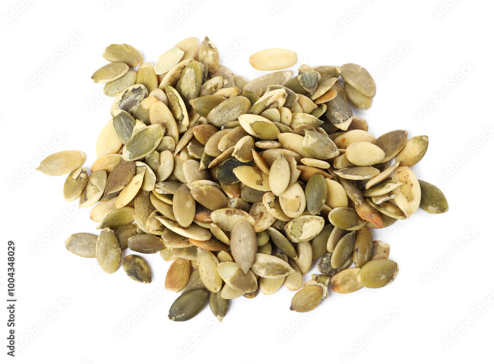 Pile of peeled pumpkin seeds isolated on white, top view Pile of peeled pumpkin seeds isolated on white, top view