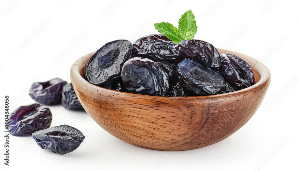 Prunes and Mint Leaf in a Wooden Bowl, Isolated on Clean White Prunes and Mint Leaf in a Wooden Bowl, Isolated on Clean White