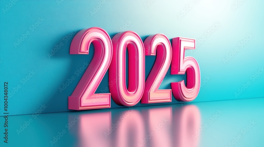 2025 rendered in a futuristic 3D font casting shadows on a smooth reflective surface. 2025 rendered in a futuristic 3D font casting shadows on a smooth reflective surface.