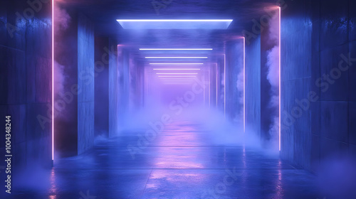 3D Illustration of a Futuristic Neon Hallway with Fog