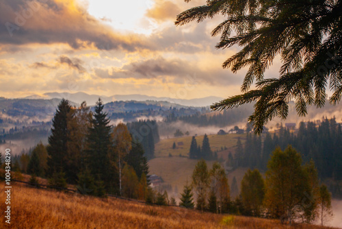 Sunrise misty morning taken in Carpathian mountains, Ukraine photo