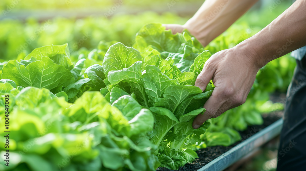 Inside a greenhouse, a farm owner checks the growth of vibrant lettuce alongside a worker, emphasizing collaboration and sustainable farming practices. photo