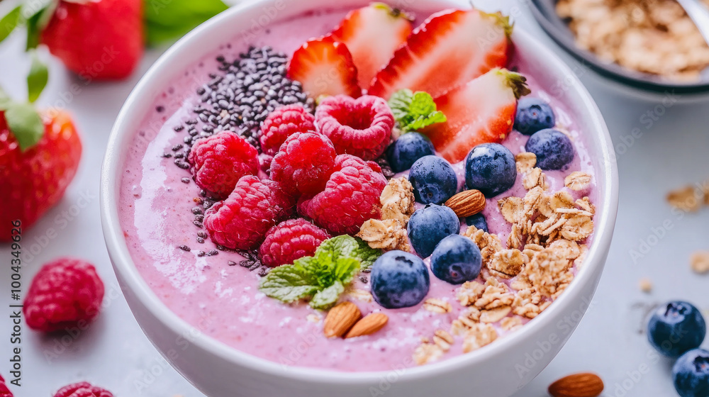 Delicious smoothie bowl decorated with fresh summer berries and granola Delicious smoothie bowl decorated with fresh summer berries and granola