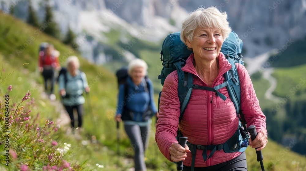 A group of older women are hiking up a mountain trail A group of older women are hiking up a mountain trail