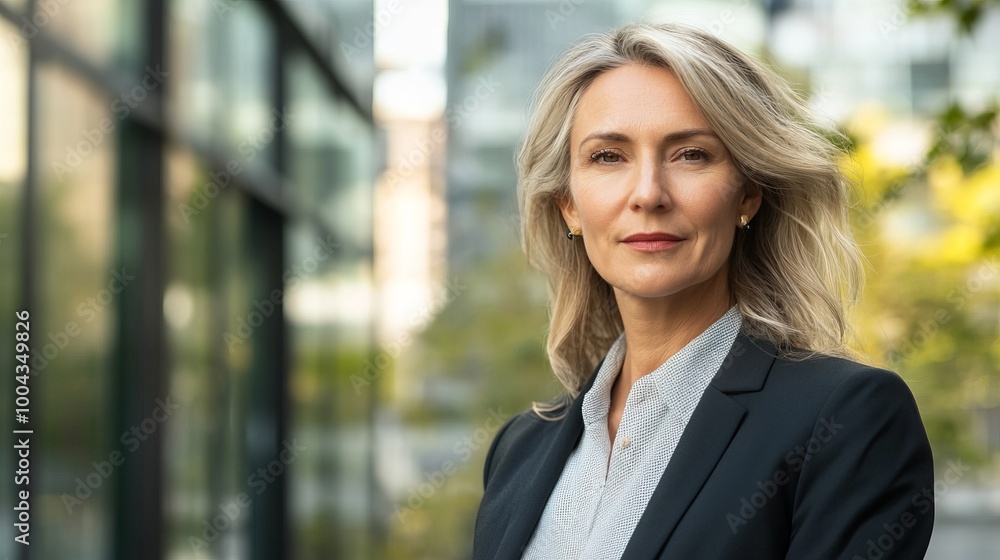 A woman in a business suit stands in front of a window A woman in a business suit stands in front of a window