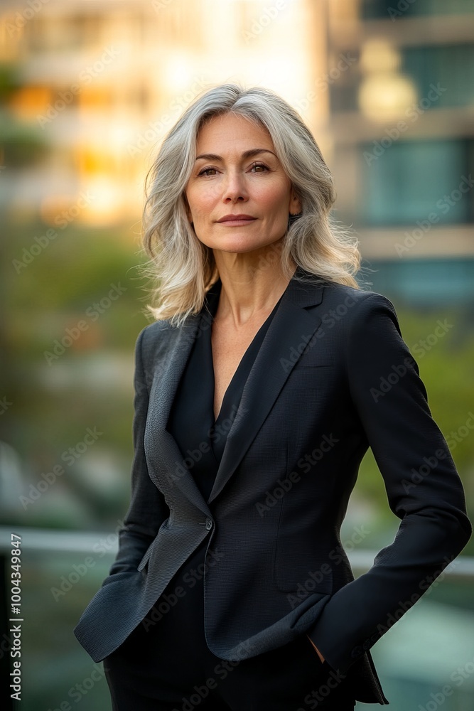 Fototapeta premium A woman in a black suit and jacket stands in front of a building