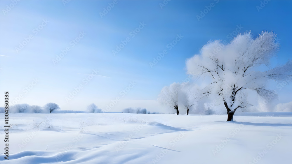 A serene winter landscape with soft, untouched snow covering the ground, bare trees in the background, and a pale blue sky, no people or objects. A serene winter landscape with soft, untouched snow covering the ground, bare trees in the background, and a pale blue sky, no people or objects.